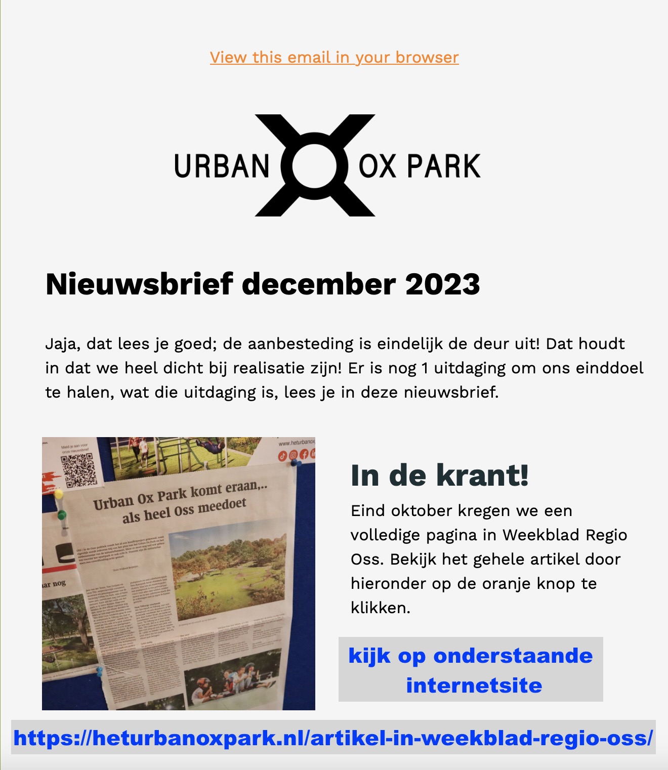 Het Urban Ox Park - Nieuwsbrief december 2023